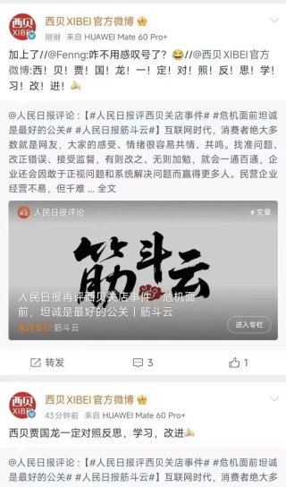 西贝回应人民日报评论，还加了15个感叹号：贾国龙一定对照反思，学习，改进