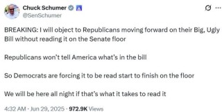 要花10多小时朗读940页全文，民主党将阻挠特朗普“大而美”法案