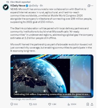 微软宣布全球网络覆盖人数达2.99亿，将与星链合作扩大覆盖范围