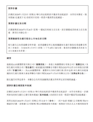 恒生银行：撤销股份上市地位自1月27日下午4时正起生效