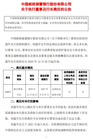 邮储银行：执行董事及行长刘建军离任