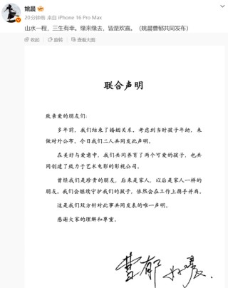 姚晨、曹郁官宣离婚！两人仍有商业关联