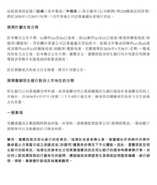 恒生银行：撤销股份上市地位自1月27日下午4时正起生效