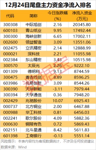 主力资金 | 尾盘大幅加仓股出炉