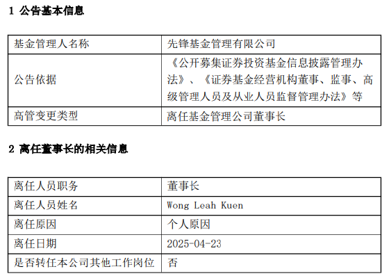先锋基金高管生变：董事长Wong Leah Kuen、副总经理兼首席信息官吴越离任  第1张