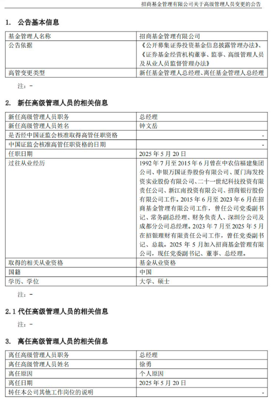 招商基金总经理更迭：徐勇任期届满卸任，“老将”钟文岳回归接棒  第1张