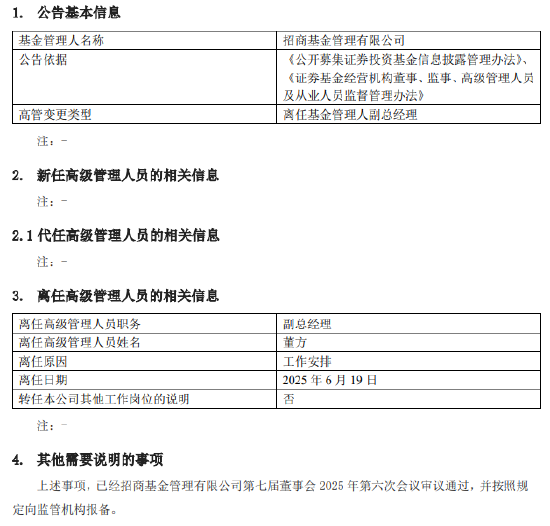 任期不足2年 招商基金副总经理董方因工作安排离任  第1张