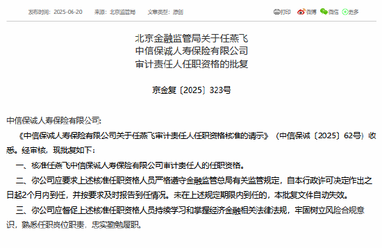 任燕飞获准担任中信保诚人寿审计责任人  第1张