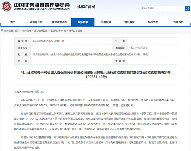 突破5%“举牌线”未停手！长城人寿增持违规被出具警示函  第1张
